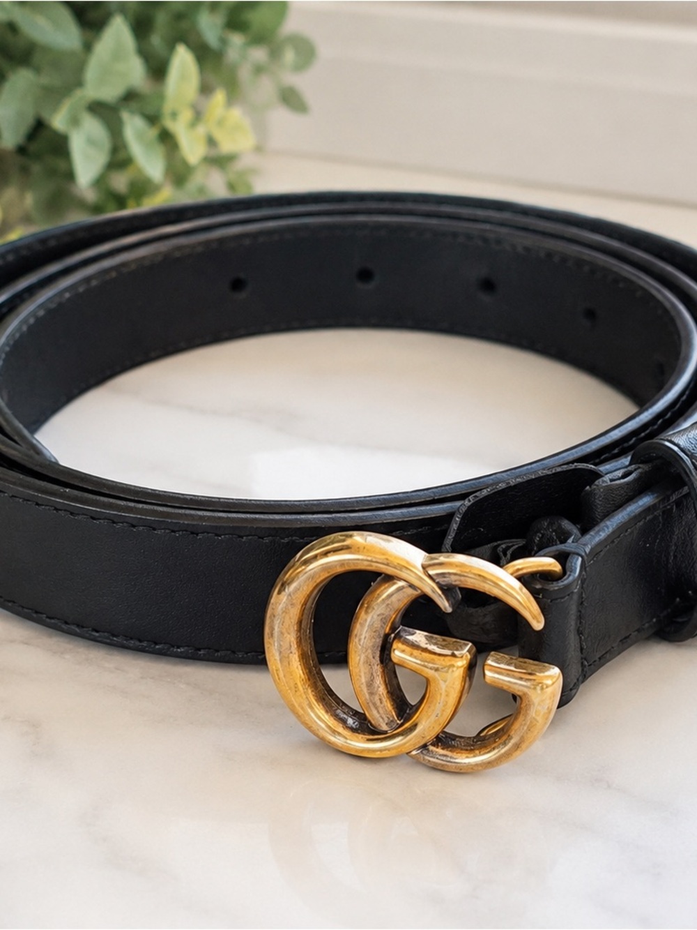 Gucci Black Leather Belt with Gold Interlocking GG Buckle